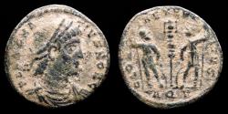 Ancient Coins - Delmatius (Caesar. 335-337 AD). Bronze Half Follis. Minted in Aquileia. GLORIA EXERCITVS, Two soldiers.