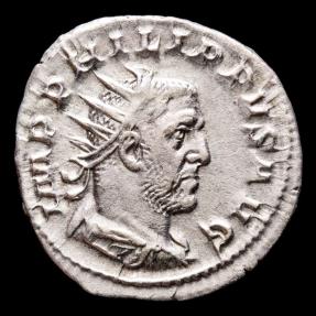Ancient Coins - Philip I, silver antoninianus, Rome, AD 247. - P M TR P V COS III P P - A, Mars, holding olive branch, resting spear and shield.