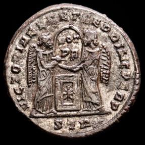 Ancient Coins - Constantine II - Æ Bronze follis. Siscia AD 321-324. - CAESARVM NOSTRORVM around VOT X within wreath. Mintmark ЄSIS.