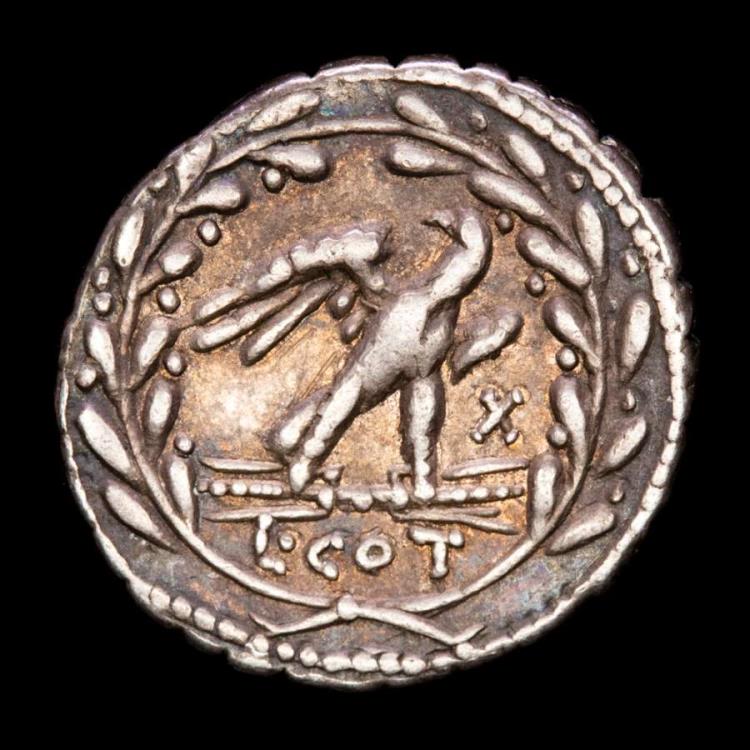 Lucius Aurelius Cotta. Serrate silver denarius Minted in Rome in 105