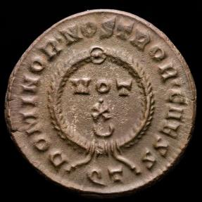 Ancient Coins - Crispus caesar (316-326 AD) Bronze Follis. Ticinum. - DOMINOR • NOSTROR • CAESS. VOT X in two lines; crescent below; all within wreath; QT.