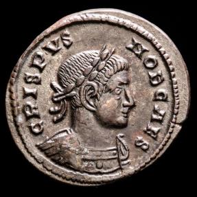 Ancient Coins - Crispus, as Caesar AD 316-326. Bronze Follis.Lugdunum. - BEATA TRANQVILLITAS, globe set on altar inscribed VOTIS XX