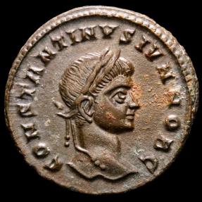 Ancient Coins - Constantine II (Caesar, 316-337). Bronze follis, Siscia. - CAESARVM NOSTRORVM / ASIS star. VOT / V in two lines within wreath.