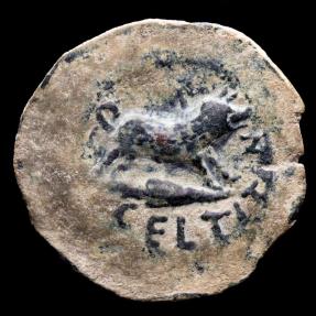Ancient Coins - Hispania - Celtitan. Bronze Unit. 50 BC. Peñaflor (Sevilla). Boar right, on spearhead, latin legend CELTITAN below. Rare.
