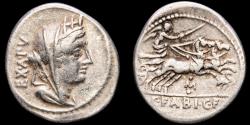 Ancient Coins - C. Fabius C.f. Hadrianus. Silver denarius, Rome, 102 B.C. - Cybele / Victory in biga •M•, stork before.