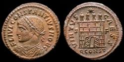 Ancient Coins - Constantius II (337-361 A.D.) AE Follis 328 AD, Arelate. -  VIRTVS CAESS S-F, campgate, open doors.