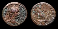 Ancient Coins - Septimius Severus (193-211 A.D.) Bronze As, Rome, 210. P M TR P XVIII COS III P P / S C Roma seated right on throne
