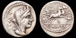 Ancient Coins - C. Fabius C.f. Hadrianus. Silver denarius, Rome, 102 B.C. - Cybele / Victory in biga - N•, stork before.