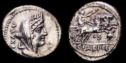 Ancient Coins - C. Fabius C.f. Hadrianus. Silver denarius, Rome, 102 B.C. - Cybele / Victory in biga •S, stork before.