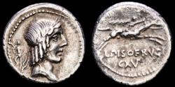 Ancient Coins - L. Calpurnius Piso L.f. L.n. Frugi. Silver denarius. Rome, 90 B.C. - L PISO FRVGI / Horseman right with palm.