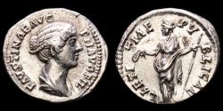 Ancient Coins - Faustina II (daughter of A. Pius) Silver denarius, Rome 147-150 A.D. - LAETITIAE PVBLICAE, Laetitia holding wreath and sceptre.