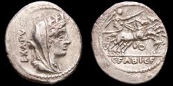 Ancient Coins - C. Fabius C.f. Hadrianus. Silver denarius, Rome, 102 B.C. - Cybele / Victory in biga •O, stork before.