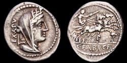 Ancient Coins - C. Fabius C.f. Hadrianus. Silver denarius, Rome, 102 B.C. - Cybele / Victory in biga •P•, stork before.