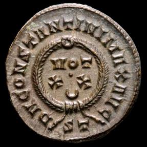 Ancient Coins - Constantine I - Æ Bronze Follis. Ticinum AD 321. D N CONSTANTINI MAX AVG, VOT • XX ◡ in wreath. ST in exergue.