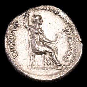 Tiberius, AD 14-37. Silver denarius. Lugdunum. - PONTIF MAXIM Livia ...