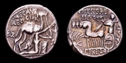 Ancient Coins - M. Aemilius Scaurus and P. Plautius Hypsaeus. Silver denarius. Rome 58 BC. - King Aretas of Nabataea / Jupiter in quadriga.