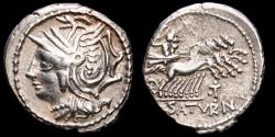 Ancient Coins - Lucius Appuleius Saturninus, Silver denarius, Rome, 104 B.C. - Saturn in galloping quadriga right, ⠪T mark above, L•SATVRN.