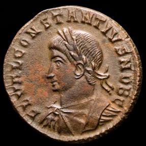 Ancient Coins - Constantius II (Caesar, 324-337 A.D.) Bronze follis. Rome, 326 A.D. PROVIDENTIAE CAESS / R (wreath) Q. Camp gate.