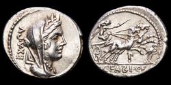 Ancient Coins - C. Fabius C.f. Hadrianus. Silver denarius, Rome, 102 B.C. - Cybele / Victory in biga P•, stork before.