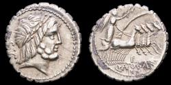Ancient Coins - Q. Antonius Balbus. - Silver serrate denarius, Rome 83-82 B.C. - Jupiter / Victory in quadriga right.