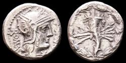 Ancient Coins - Q. Fabius Maximus, silver denarius. Rome mint, 127 B.C. Cornucopia on thunderbolt, all within wreath.