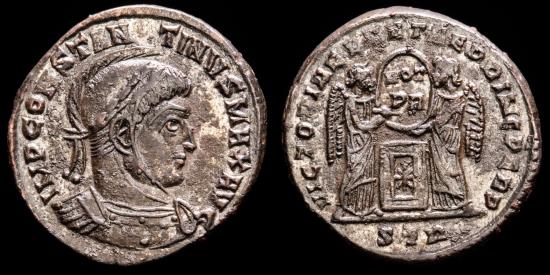 Ancient Coins - Constantine II - Æ Bronze follis. Siscia AD 321-324. - CAESARVM NOSTRORVM around VOT X within wreath. Mintmark ЄSIS.