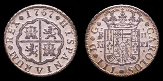 Ancient Coins - Spain - Carlos III (1759-1788) Silver 2 Reales. Minted in Madrid, 1767 Essayer P.J .