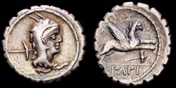 Ancient Coins - L. Papius. Serratus silver denarius, 79 B.C. Rome. - Juno Sospita / Griffin springing right. L•PAPI