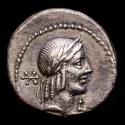 Ancient Coins - Roman Republic - L. Calpurnius Piso Frugi - Silver denarius, Rome mint, 90 B.C. - Apollo right, ✻ behind head, L / O-  Horseman right.