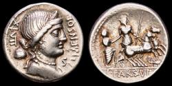Ancient Coins - L. Farsuleius Mensor. Silver denarius. Rome, 75 B.C. - X↓VII Libertas MENSOR / Roma in biga - scorpion.