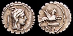 Ancient Coins - L. Papius. Serratus silver denarius, 79 B.C. Rome. - Juno Sospita / Griffin springing right. L•PAPI