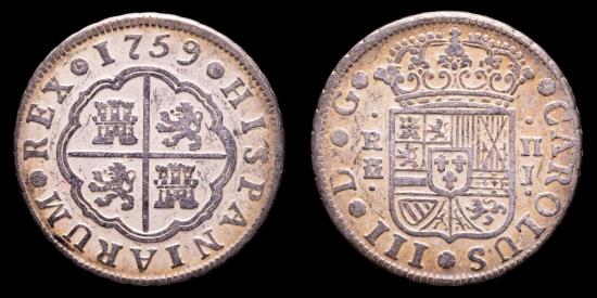 Ancient Coins - Spain - Carlos III (1759-1788)  Silver 2 Reales, Madrid, 1759 - Assayer J.