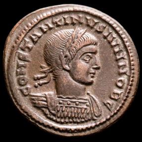 Ancient Coins - Constantine II as caesar (317-337 A.D.) Silvered Bronze follis, Aquileia. - CAESARVM NOSTRORVM - VOT X in laurel wreath; two palms.