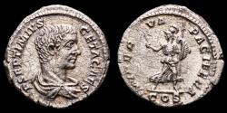 Ancient Coins - Geta, as Caesar (197-209 AD) Silver denarius. Rome, c. 205-208 AD. MINERVA PACIFERA / COS, Minerva holding branch, spear and shield.