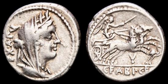 Fabius Rome C. Fabius C.f. Hadrianus. Silver denarius, Rome, 102 B.C. - Cybele ...