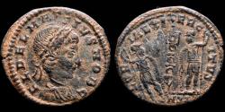 Ancient Coins - Delmatius (Caesar. 335-337 AD) Bronze Half Follis. Constantinople. GLORIA EXERCITVS, Two soldiers CONSI.