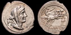 Ancient Coins - C. Fabius C.f. Hadrianus. Silver denarius, Rome, 102 B.C. - K⠕ Cybele / Victory in biga right,, stork before.