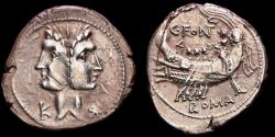 Ancient Coins - Mn. Fonteius. Silver denarius, Rome 114-113 B.C. - K - Janus / Galley right.