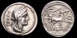 Ancient Coins - C. Fabius C.f. Hadrianus. Silver denarius, Rome, 102 B.C. - Cybele / Victory in biga S•, stork before.
