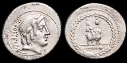 Ancient Coins - Mn. Fonteius C. f. Silver denarius, Rome, 85 B.C. - Infant winged Genius (or Cupid) seated on goat.