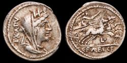 Ancient Coins - C. Fabius C.f. Hadrianus. Silver denarius, Rome, 102 B.C. - Cybele / Victory in biga •L, stork before.