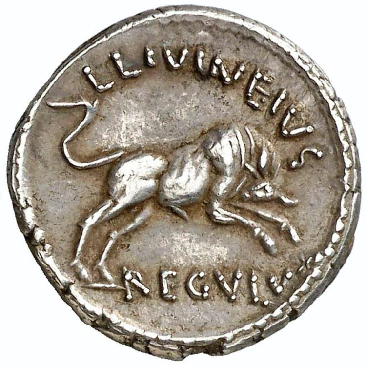 Julius Caesar with L. Livineius Regulus, Ar denarius. Rome, 42