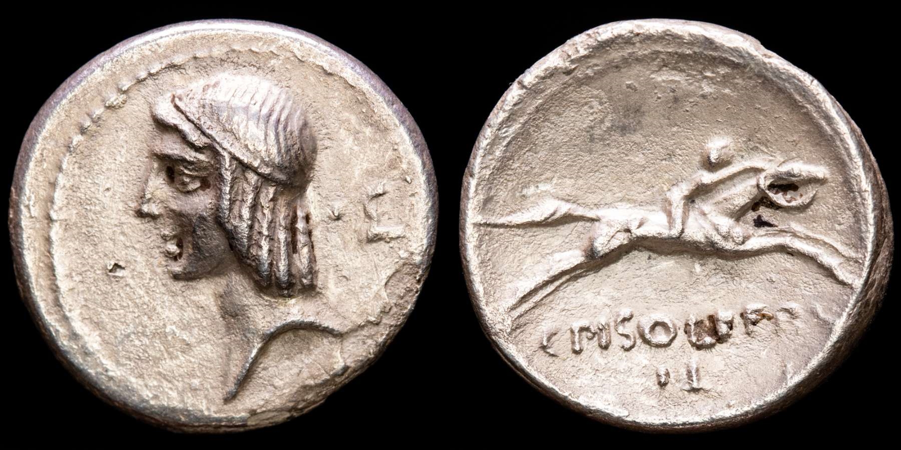 C. Piso L.F. Frugi. Silver denarius. Rome, 61 B.C. Apollo left - Σ