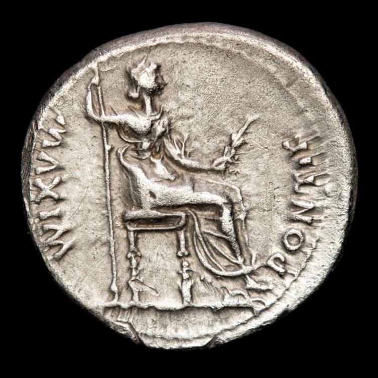 Tiberius, silver denarius. Minted in Lugdunum, AD 14-37. - PONTIF MAXIM ...