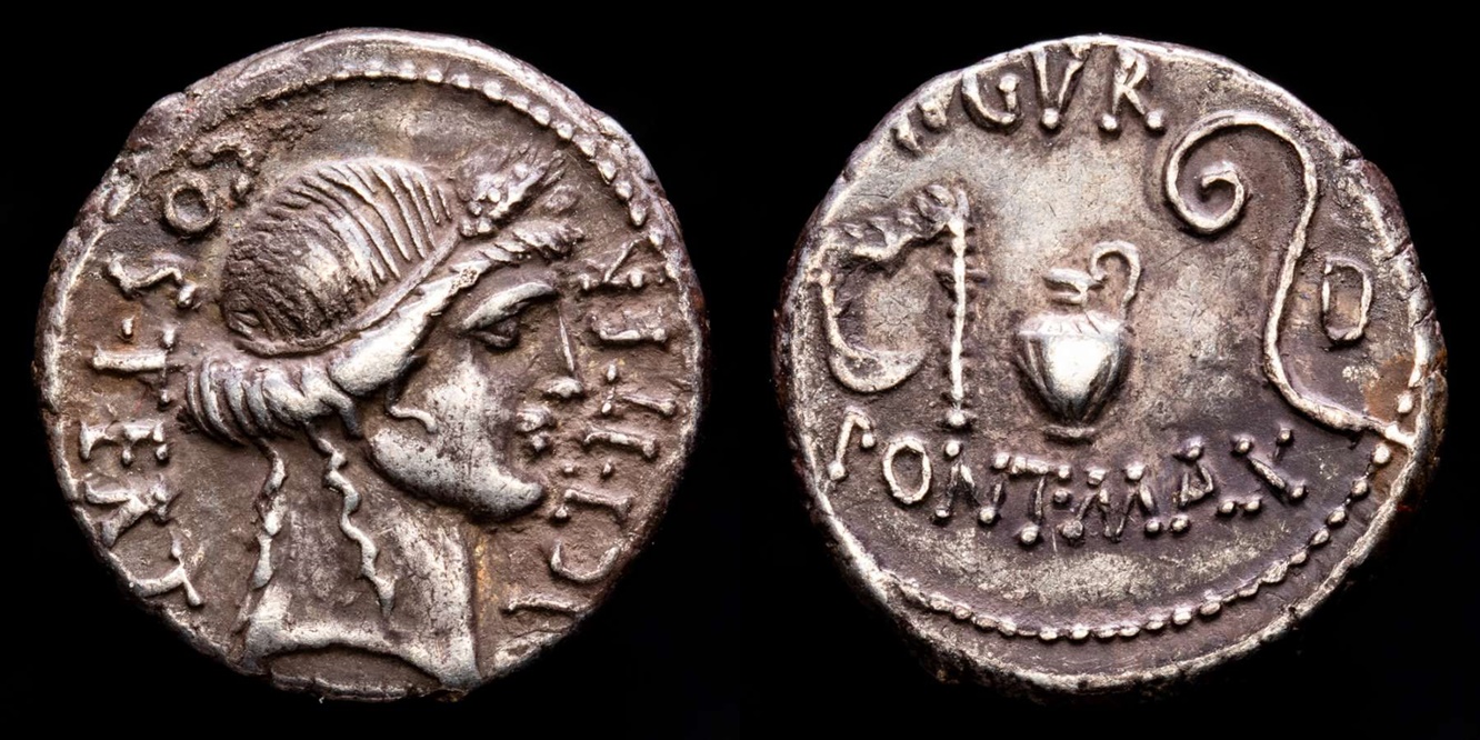 Julius Caesar. - Silver Denarius, 46 BC. - COS TERT - DICT ITER Ceres /  AVGVR - PONT MAX, emplems of the augurate and pontificate.
