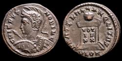 Ancient Coins - Crispus, AE follis, Londinium 322-323 AD. - BEAT TRANQLITAS, globe set on altar inscribed VOT IS XX.