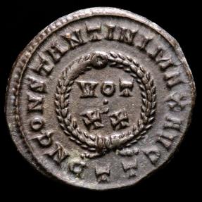 Ancient Coins - Constantine I (307-337 A.D.) Æ Bronze Follis. Ticinum AD 321. D N CONSTANTINI MAX AVG, VOT • XX in wreath. TT in exergue.