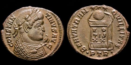 Ancient Coins - Constantine I (307-337 A.D.) Æ Follis, Treveri (Trier), 322 A.D. - BEATA TRANQVILLITAS, altar inscribed VOTIS XX.