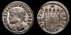 Ancient Coins - Constantine II, 316-337. Æ Silvered Bronze Follis, Arelate, 327-328. VIRTVS CAESS Camp gate, with four turrets and open doors.