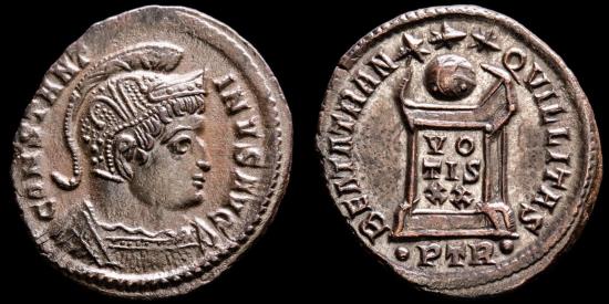 Ancient Coins - Constantine I (310-337 A.D.) Æ Bronze Follis. Trier. - BEATA TRANQVILLITAS, altar inscribed VOTIS XX.